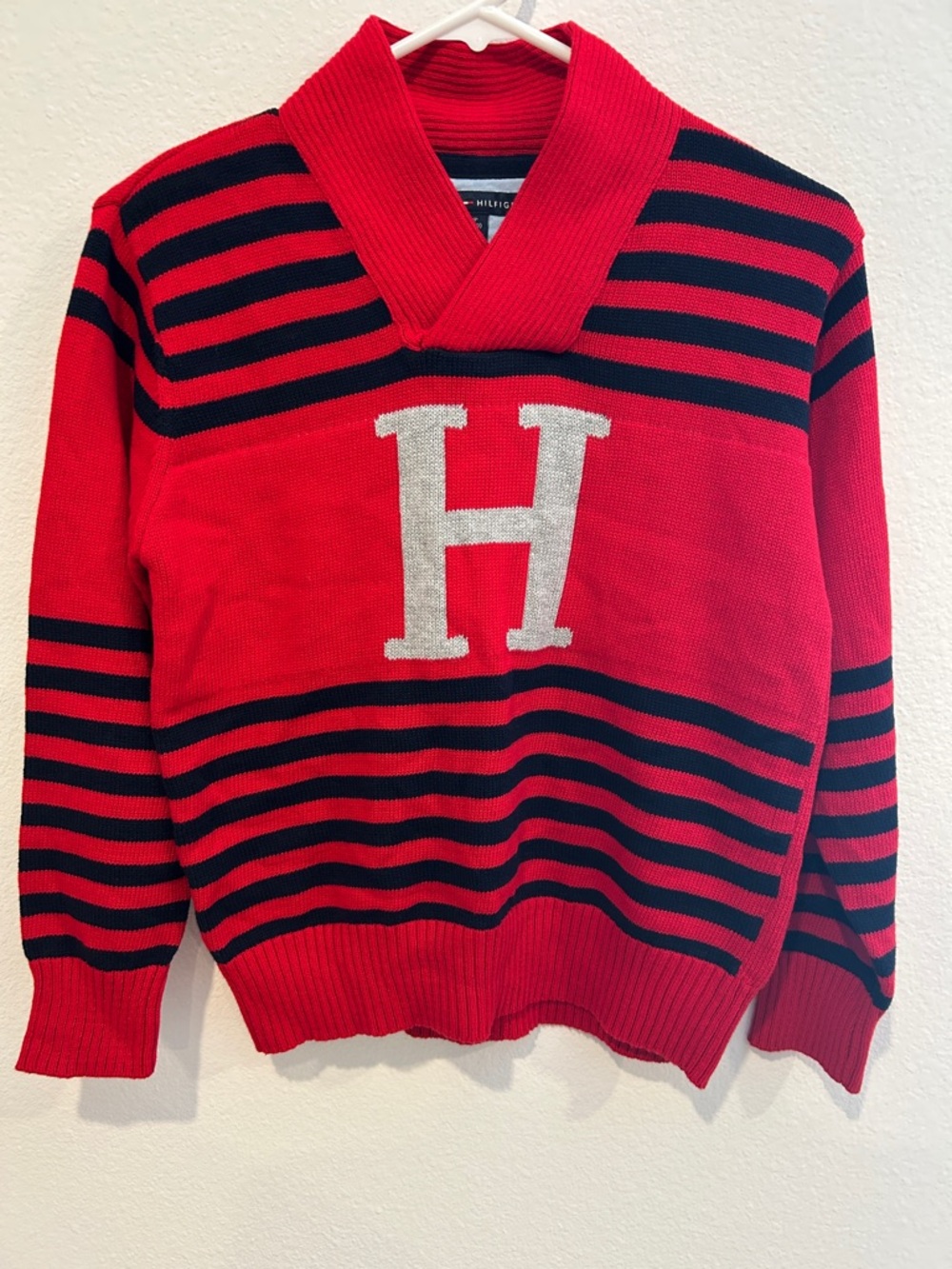 Tommy Hilfiger Red and Navy Striped V-Neck Sweater with H Motif